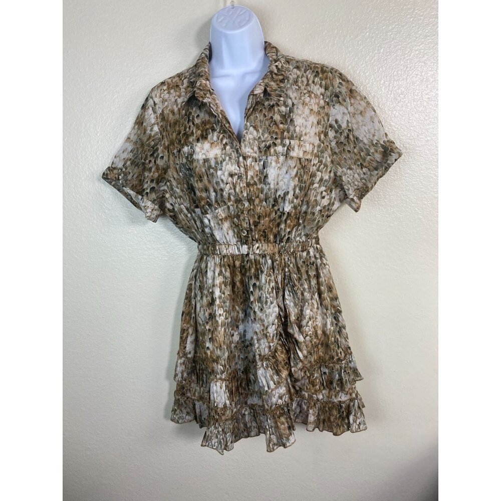 Steele Womens Ruffle Mini Dress size Large Beige Brown Short Sleeve Prairie Boho